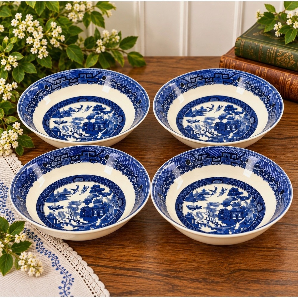 Vintage Blue Willow Cereal Bowls Set of 4 Chinoiserie English Ironstone Decor
